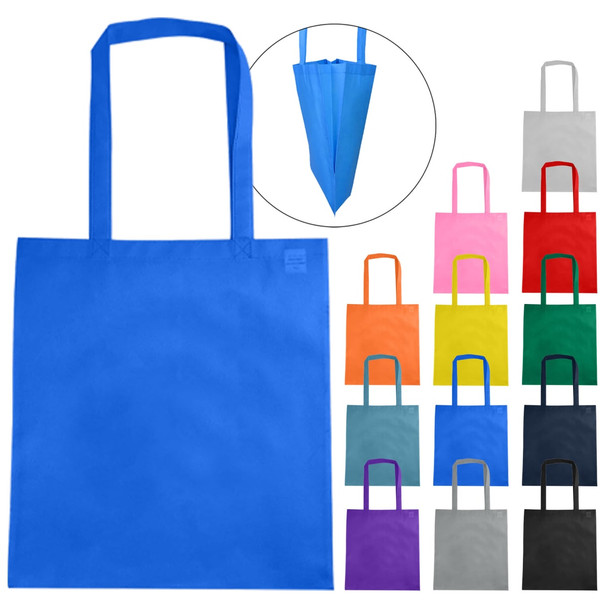 A blue non-woven tote bag with a v gusset and long straps, displayed alongside various coloured options.
