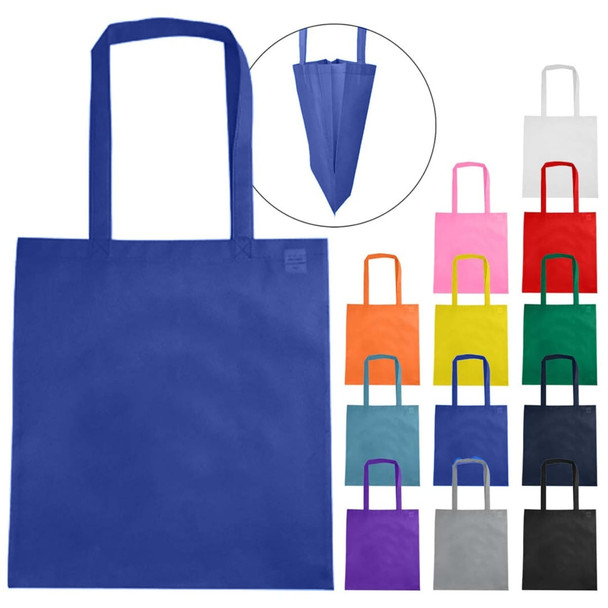 Non woven tote bags in various colours including blue, white, pink, yellow, and green, featuring long handles and a logo.