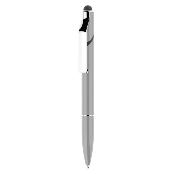 A silver stylus pen with a twist mechanism and a chrome clip, featuring a logo on the body.