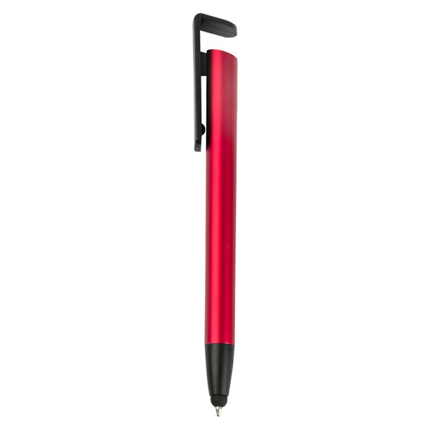 A red plastic pen with a black clip and a black tip, featuring a branding logo.