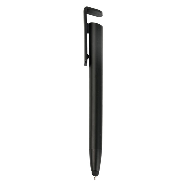 A black plastic pen with a clip and a rounded tip, designed for writing. It features a simple and sleek design.