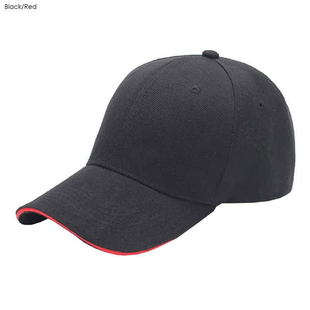 A black and red six-panel acrylic sandwich cap with a curved brim and a logo on the front.