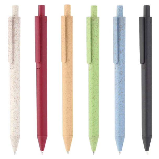 A set of six eco-friendly pens in white, red, beige, green, blue, and black, featuring various colours and a logo.