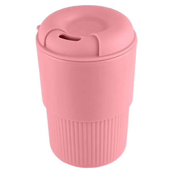 A drink bottle in a soft pink colour with a ribbed texture and a secure lid, featuring a logo.