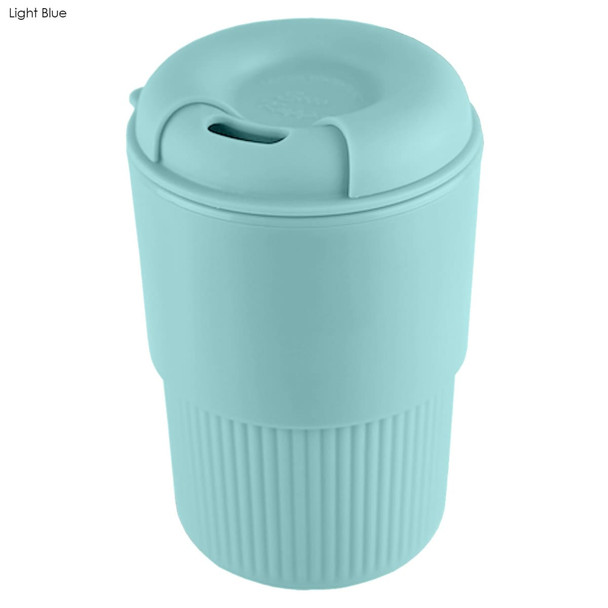 A drink bottle in light blue, featuring a ribbed design and a lid with an opening, includes a logo.