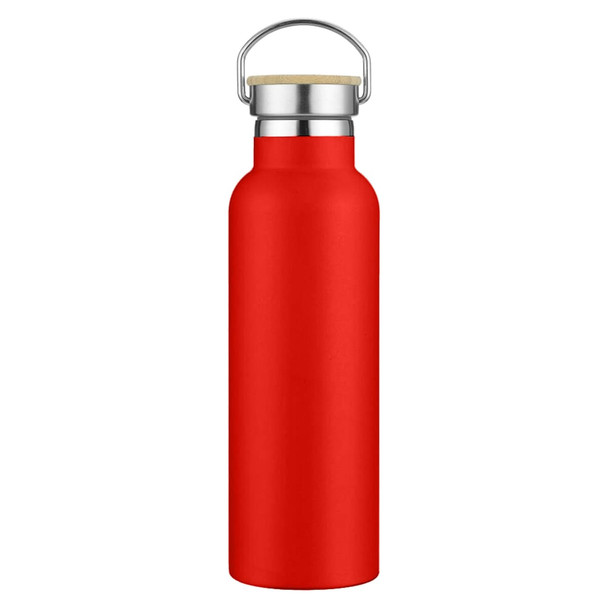 A drink bottle in bright red with a silver metal top and a wooden handle. It features a logo on the body.