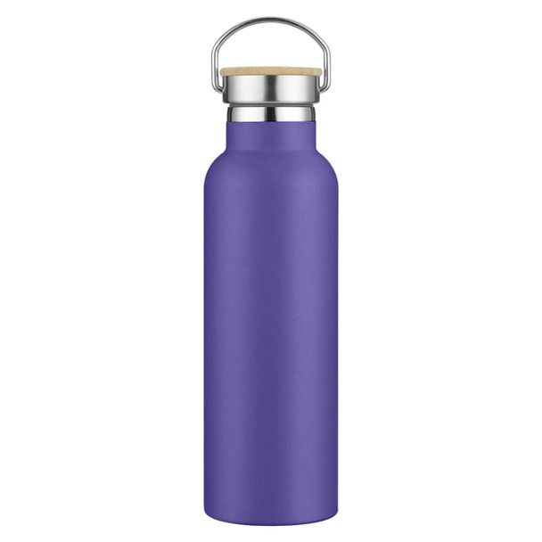 A drink bottle in a vibrant purple hue with a stainless steel top and wooden accent. It features a logo.