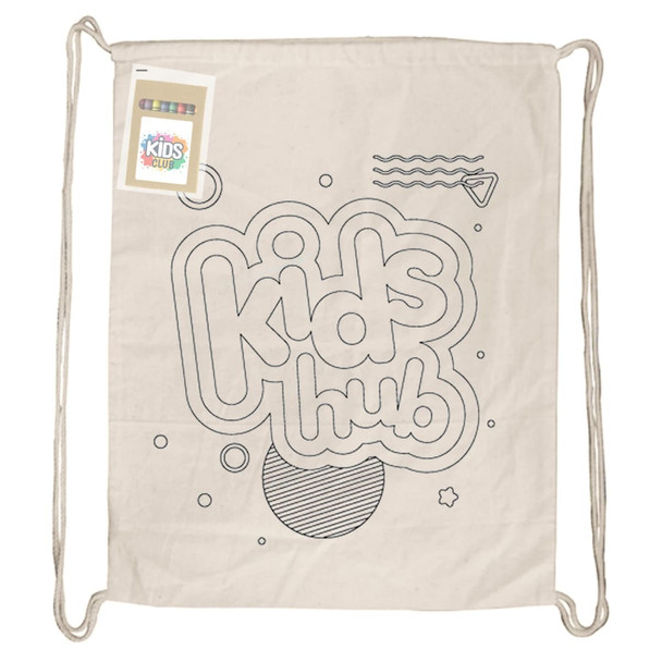 A beige drawstring bag featuring a black outlined design with various shapes and the text "kids hub".
