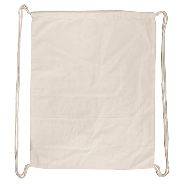 A cream drawstring bag with a simple design and two sturdy drawstrings. It features a branding logo.