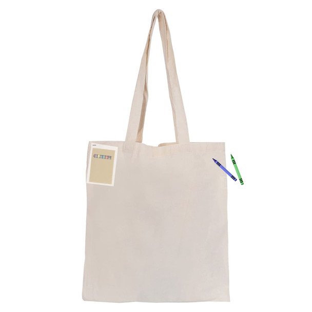 A calico tote bag in natural colour, featuring a logo and two crayons attached to the side.