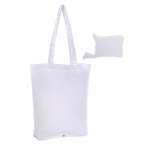 A white foldable calico tote bag with long handles, alongside a compact pouch for storage.