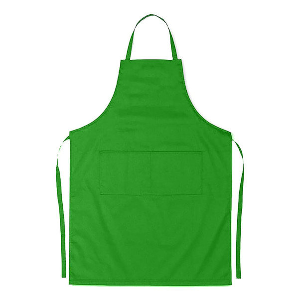 A green cotton apron with a pocket, featuring neck and waist ties. It has a simple, solid colour design.