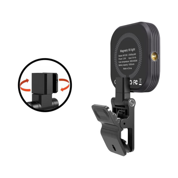 A magnetic LED selfie light in black with an adjustable clip for attachment and a rotating feature.