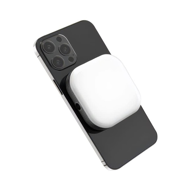 A white magnetic LED selfie light attached to a black smartphone. The product has a logo on its surface.