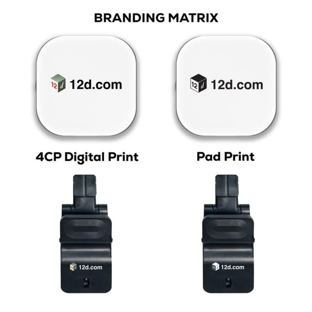 A square branding matrix featuring two designs on a white background with black clips below.