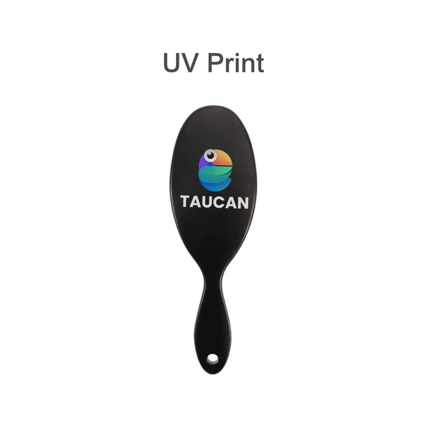 A black hair brush featuring a logo and a smooth handle. The brush has a glossy finish.