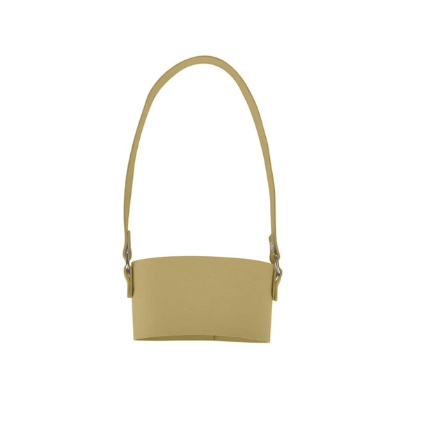 A drink bottle holder in a muted yellow colour, featuring a long strap and a shaped holder for the bottle.