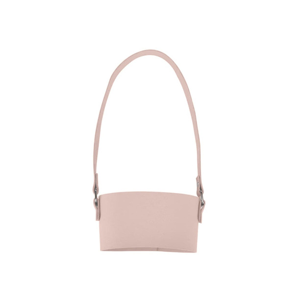 A drink bottle holder in soft pink leather with a strap and metal attachments. No visible logos or branding.
