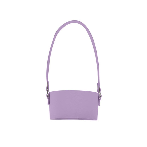 A drink bottle holder in light purple with a shoulder strap and a logo, designed for carrying beverages.