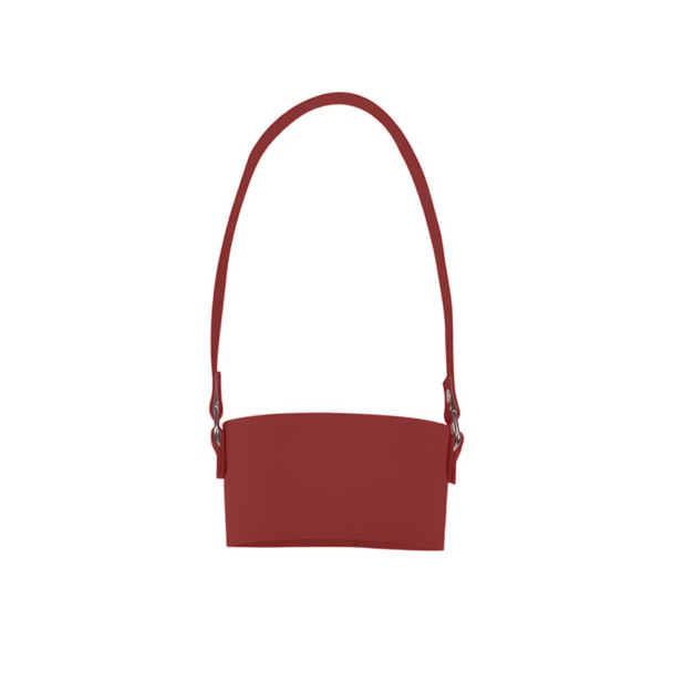 A drink bottle holder in a deep red colour with a long strap and metal clasps. It features a logo.