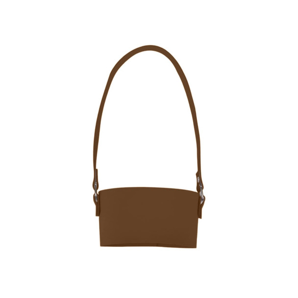 A drink bottle holder made of brown leather with an adjustable strap and a simple design. It features a logo.