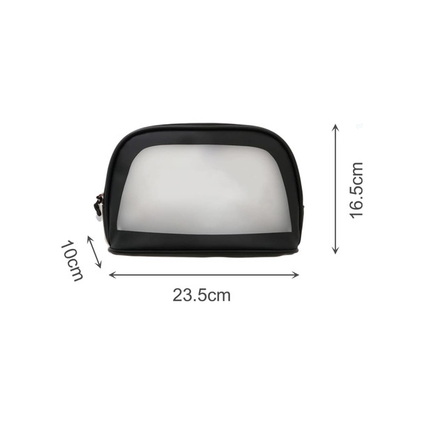 A waterproof transparent cosmetic bag in black with dimensions 23.5cm x 16.5cm x 10cm, featuring a zip closure.