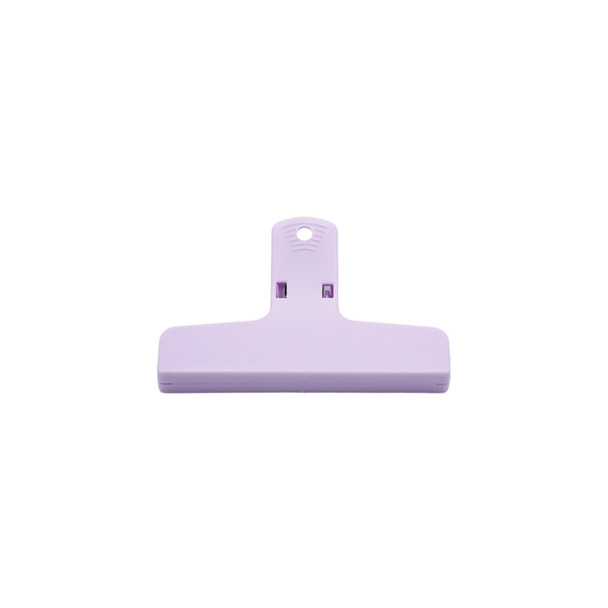 A purple plastic clip with a flat base and a hanging hole at the top. It includes a logo on the surface.