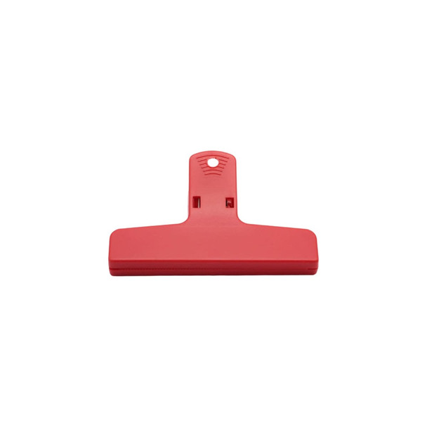 A red plastic clip with a hole for hanging and a flat grip surface. It features a logo on the front.