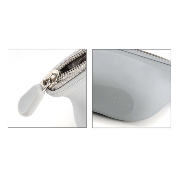 A grey silicone cosmetic bag featuring a zip closure and a rounded base, with a silver zipper pull.