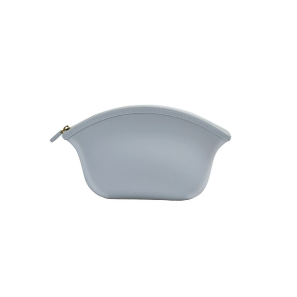 A light blue silicone cosmetic bag with a rounded shape and gold zipper. It features a logo on the side.