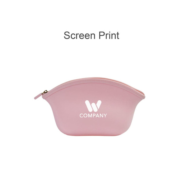 A pink silicone cosmetic bag with a curved design and a logo on the front.
