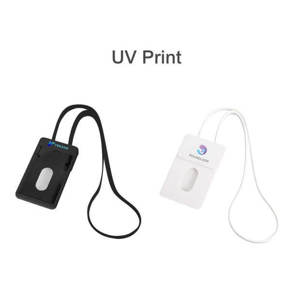 A black and a white ABS retractable card holder with lanyards, featuring a logo on each.