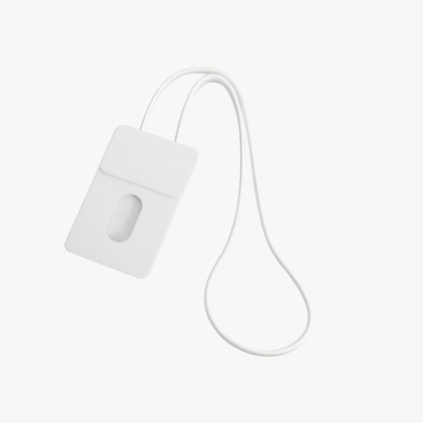 A white ABS retractable card holder with a lanyard, featuring a slot for a card and a smooth design.