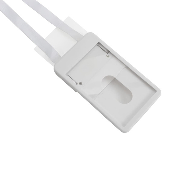 A white ABS retractable card holder with lanyard, featuring a clear card slot and two white straps.