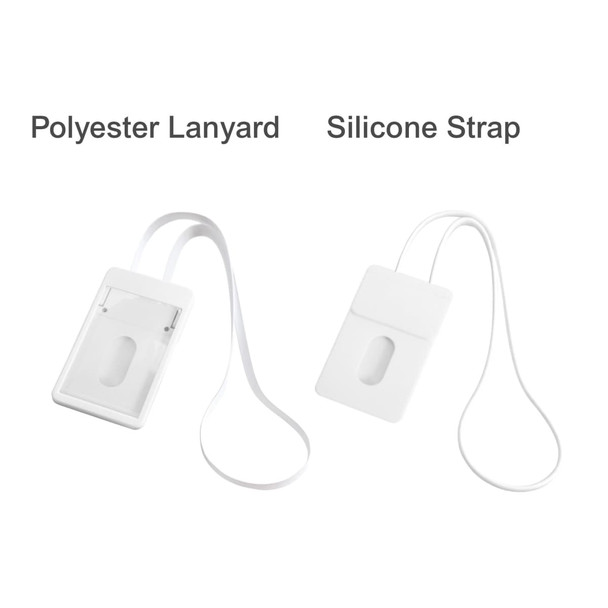 A white ABS retractable card holder with a polyester lanyard and a silicone strap. It features a simple, sleek design.
