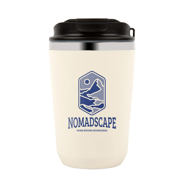 A cream double wall coffee cup with a black lid and a logo featuring mountains and a hand design.