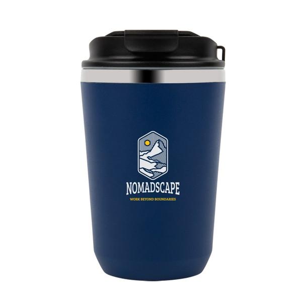 A double wall coffee cup in navy blue with a black lid and a logo on the front.