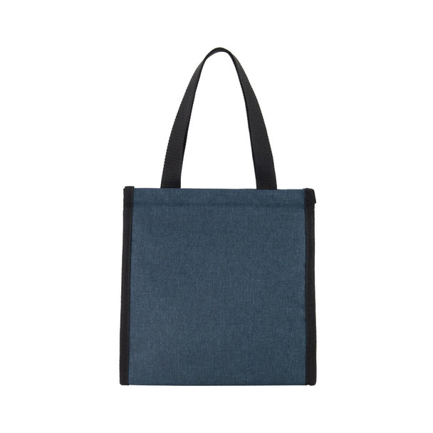 A blue cooler bag with black trim and two handles, featuring a zipper closure and a simple design.
