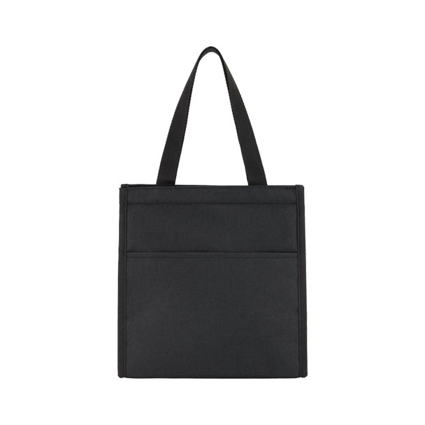 A black cooler bag with a simple design, featuring two front pockets and dual carrying handles.