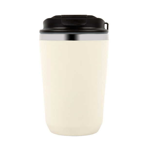 A double wall coffee cup in cream with a black lid and a silver accent. Features a logo on the side.