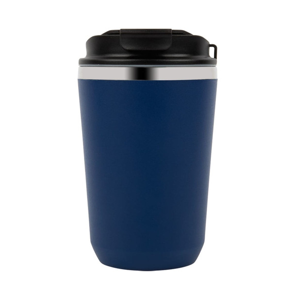 A double wall coffee cup in dark blue with a black lid and a silver band around the top. It features a logo.