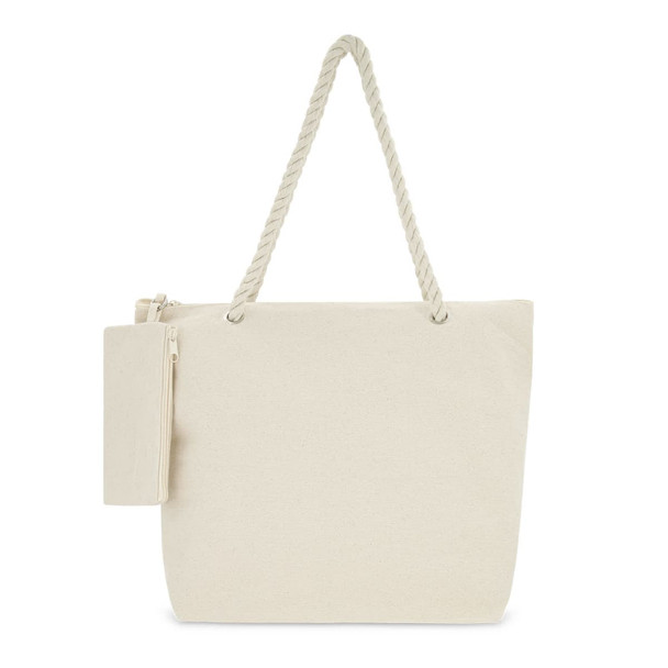 A cream-coloured tote bag with a rope handle and a side pouch. It has a simple, minimalist design.