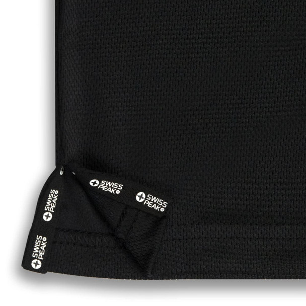 A black polo shirt featuring a mesh fabric design with a logo on the hem.