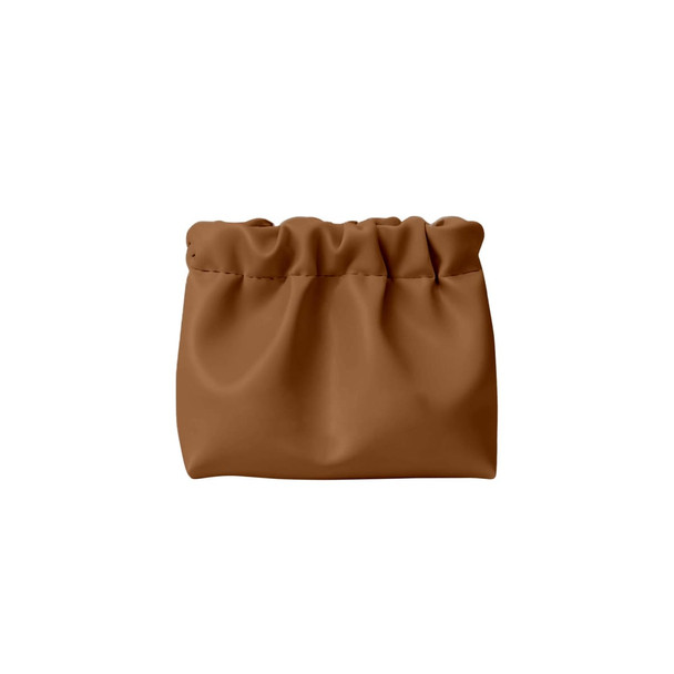 A portable makeup bag in a rich brown colour, featuring a gathered design and no zippers. It has a logo on it.
