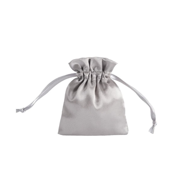 A silver satin drawstring bag with a gathered top and two drawstrings. It has a simple design and a smooth texture.