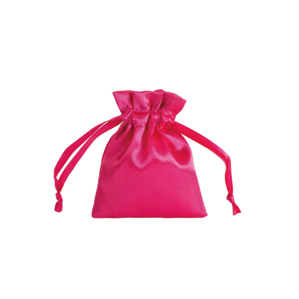 A pink silk satin drawstring bag with two drawstrings at the top and a smooth surface.