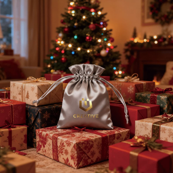 A silver satin drawstring bag with a logo, placed among wrapped gifts in a decorated Christmas setting.