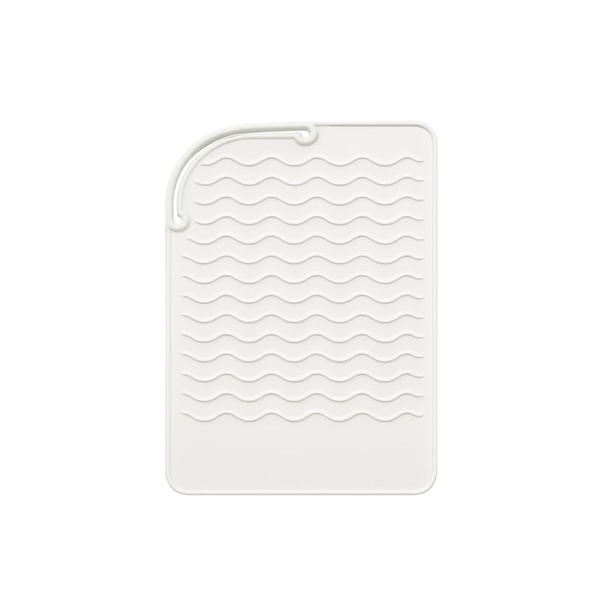 A white silicone pad with wavy patterns designed for heat protection. Features a hook for easy storage.