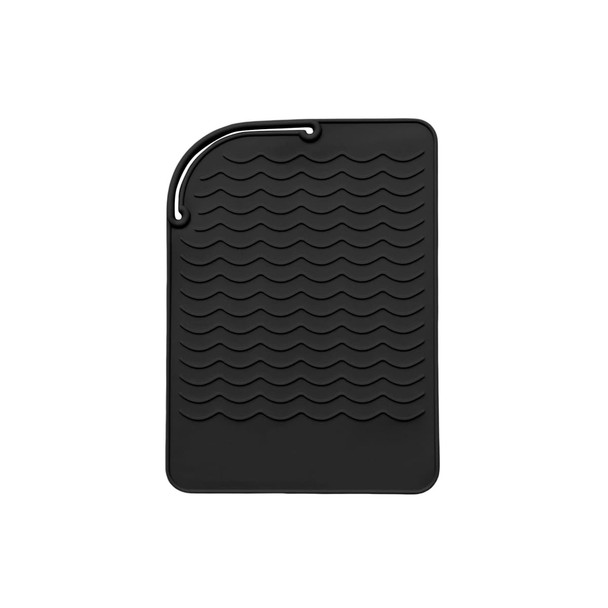 A black silicone hair straightener pad with a textured wave design and a hanging loop.