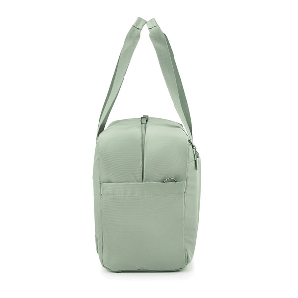 A light green duffle bag with a shoulder strap and a front pocket, featuring a logo on the side.